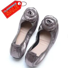 Camellia Genuine Leather Slip On Ballet Flats - Silver/41