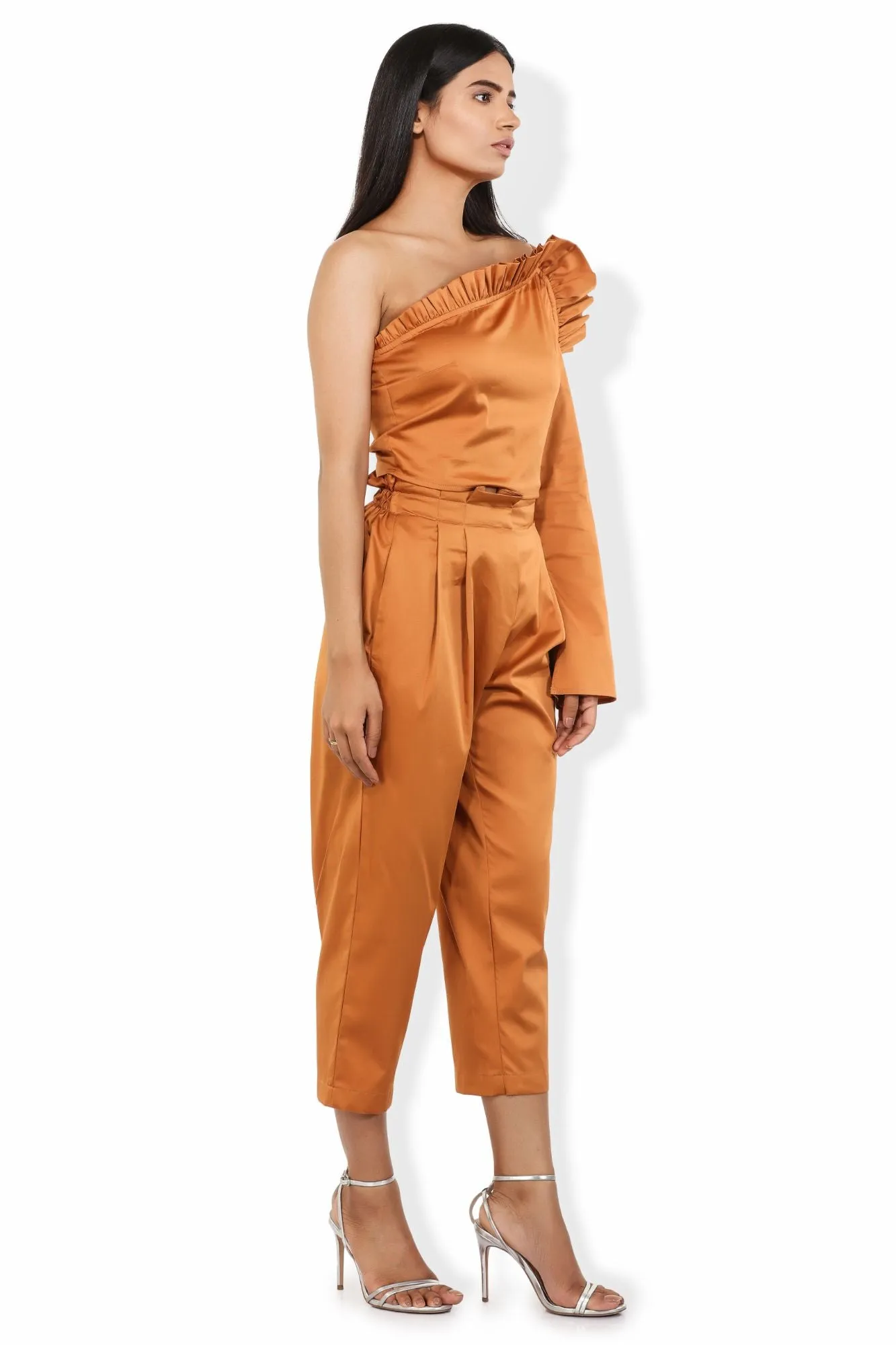 Carrot Hue Pleated Waistline Crop Pants