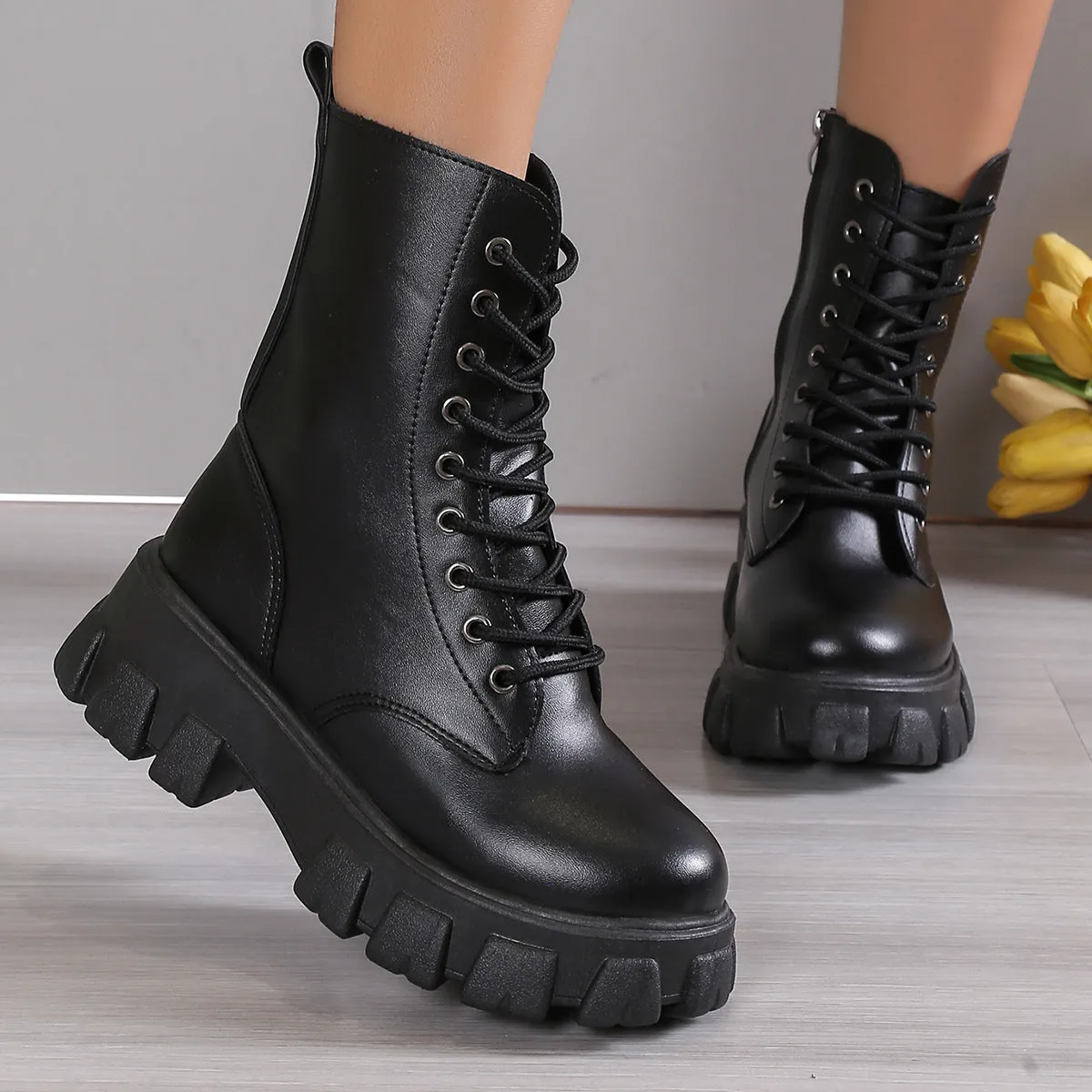 Chunky platform mid calf combat boots