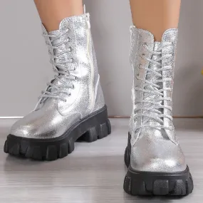 Chunky platform mid calf combat boots