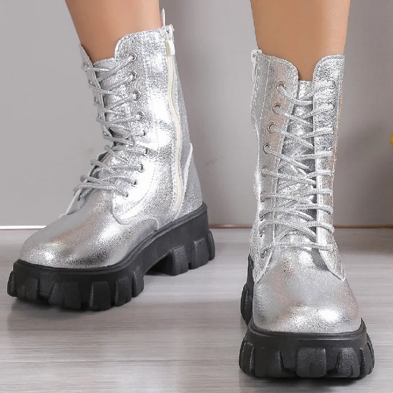 Chunky platform mid calf combat boots