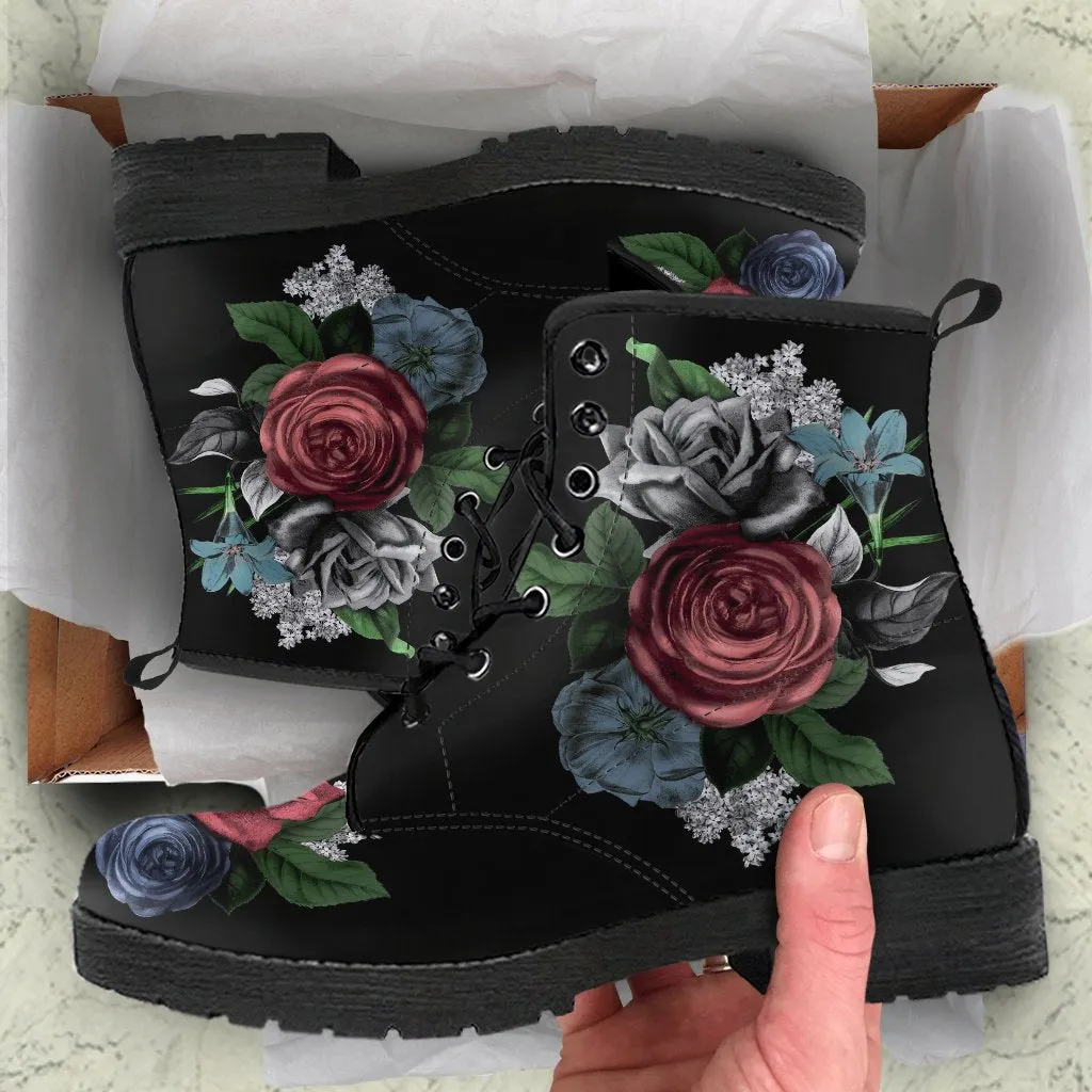 Combat Boots - Vintage Flowers in Black | Custom Shoes, Vegan Leather Lace Up Boots Women, Handmade Lace Up Boots, Women's Boots