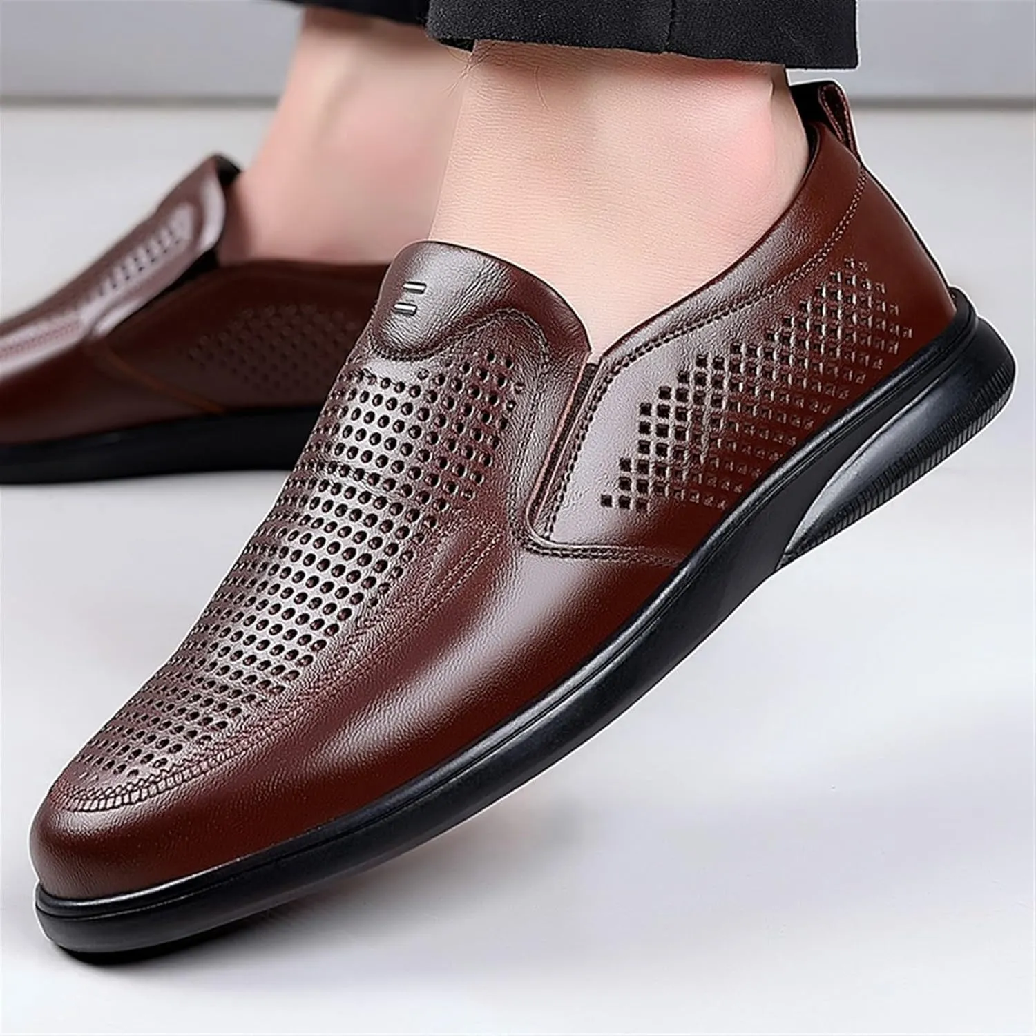 Dress Shoes for Men Genuine Leather Summer Cutout Loafers for Men Soft Casual Slip-On Shoes