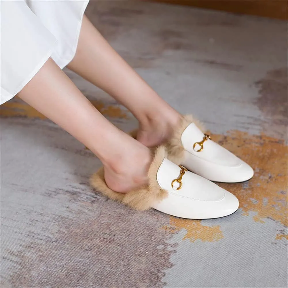 Fur Mules for Women Leather Mule Slides Buckle Mule Shoes Fluffy Furry Flat Mules Slipper