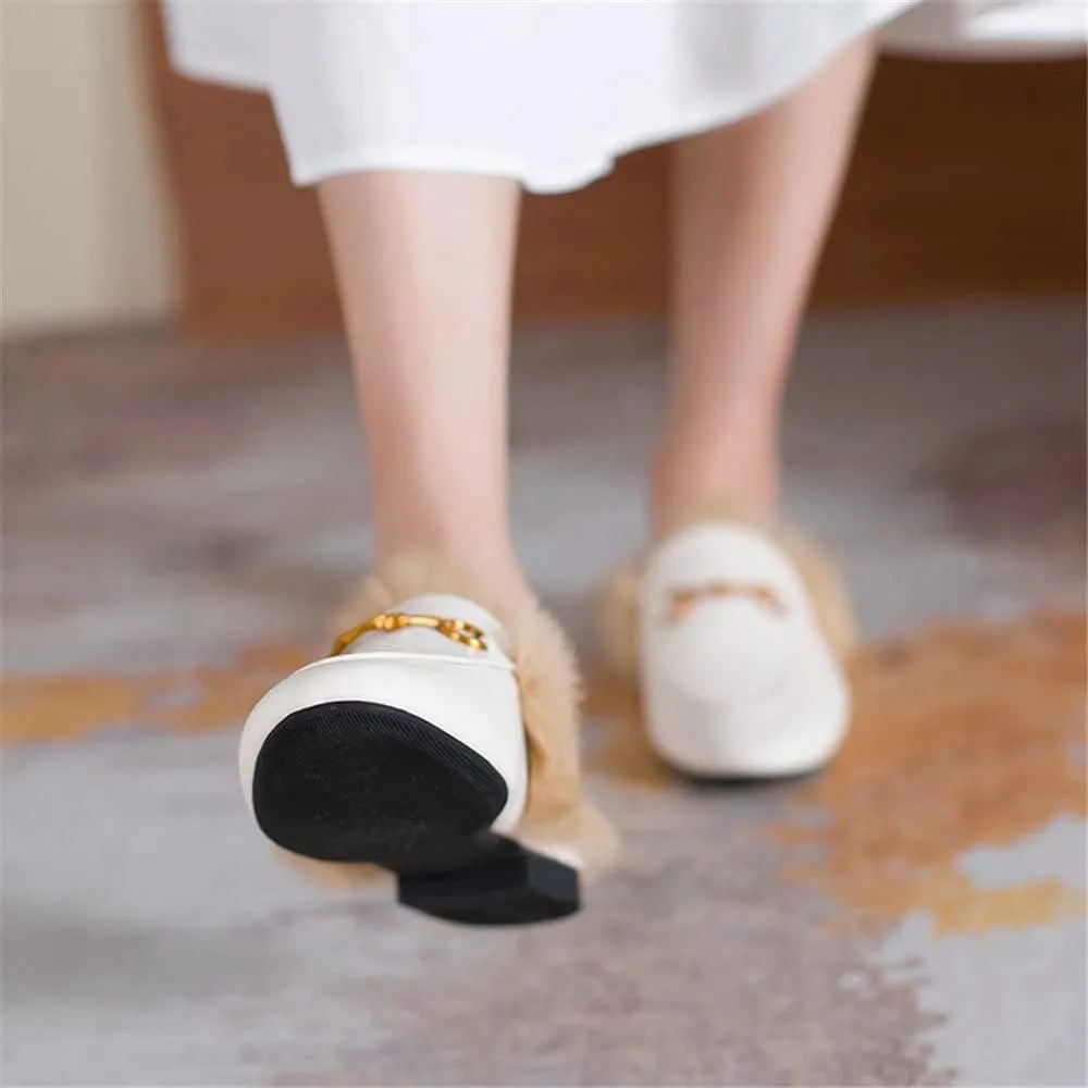 Fur Mules for Women Leather Mule Slides Buckle Mule Shoes Fluffy Furry Flat Mules Slipper