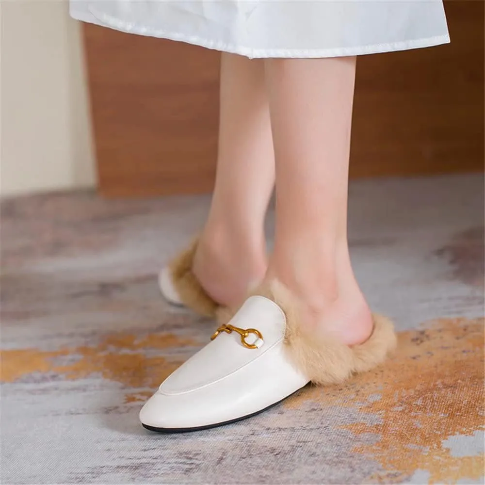 Fur Mules for Women Leather Mule Slides Buckle Mule Shoes Fluffy Furry Flat Mules Slipper