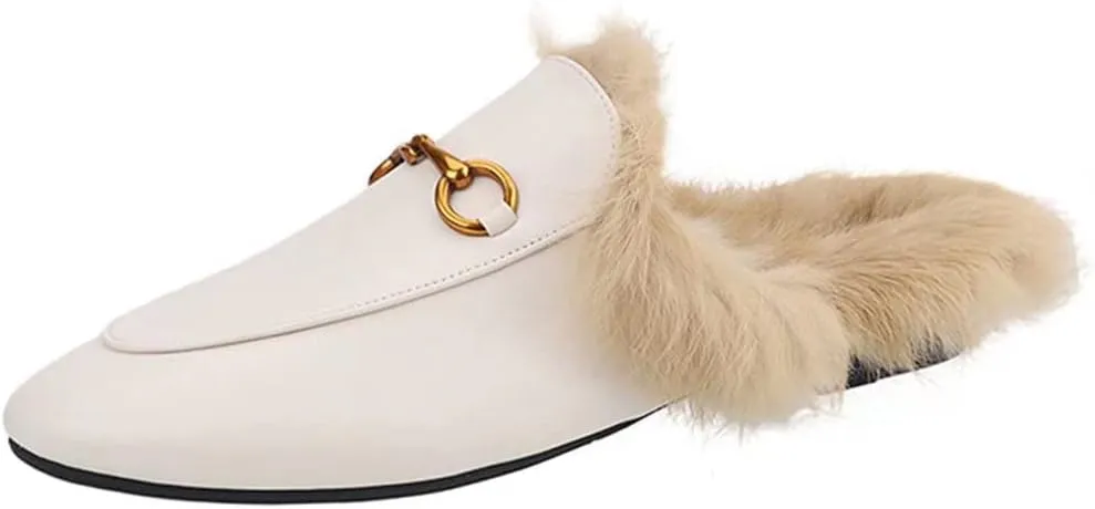 Fur Mules for Women Leather Mule Slides Buckle Mule Shoes Fluffy Furry Flat Mules Slipper