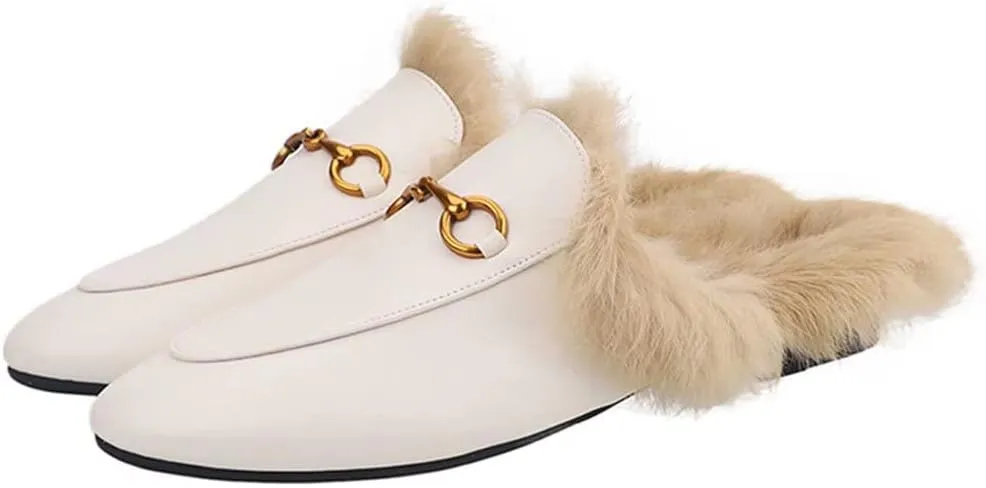 Fur Mules for Women Leather Mule Slides Buckle Mule Shoes Fluffy Furry Flat Mules Slipper