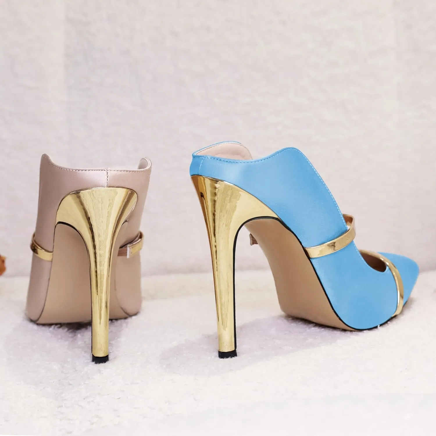 Joseywade Heeled Mules For Women High Heel Mules Slip On Heeled Sandals Pointed Toe Dress Pumps Gold Strap Backless Shoes 4.5 Inch