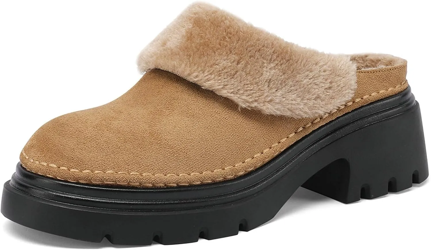 LUXMAX Women Faux Fur Mules Platform Chunky Heel Slippers Slip On Block Heel Backless Loafers