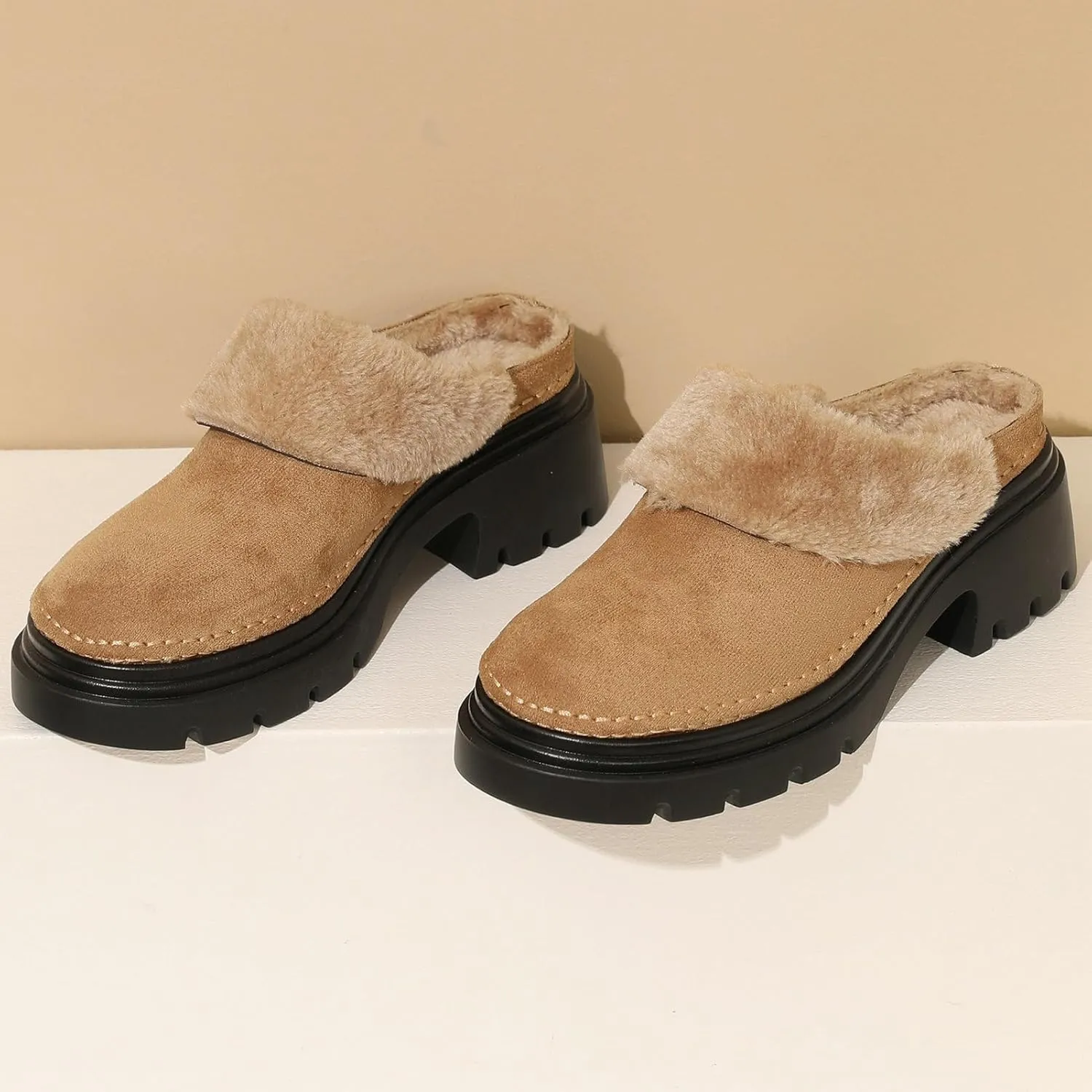 LUXMAX Women Faux Fur Mules Platform Chunky Heel Slippers Slip On Block Heel Backless Loafers