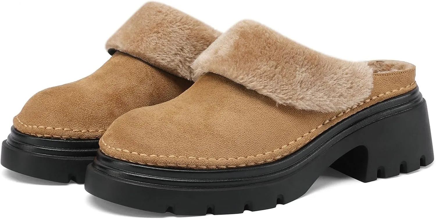 LUXMAX Women Faux Fur Mules Platform Chunky Heel Slippers Slip On Block Heel Backless Loafers