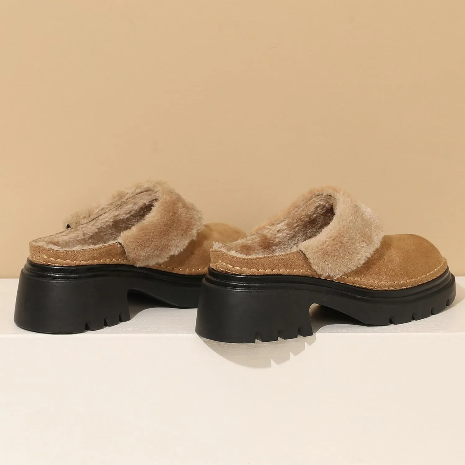 LUXMAX Women Faux Fur Mules Platform Chunky Heel Slippers Slip On Block Heel Backless Loafers