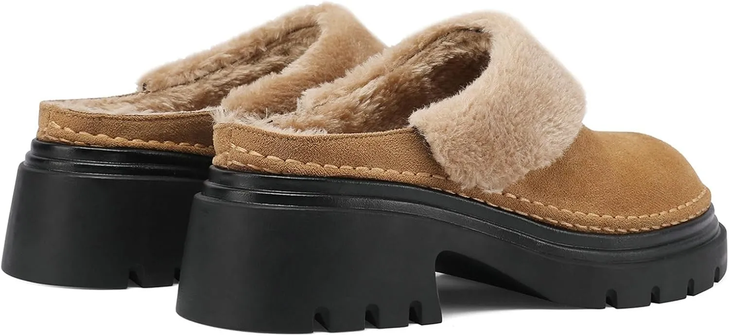 LUXMAX Women Faux Fur Mules Platform Chunky Heel Slippers Slip On Block Heel Backless Loafers