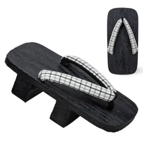 Men Black Two Teeth Geta Wooden Sandals 【White Check】
