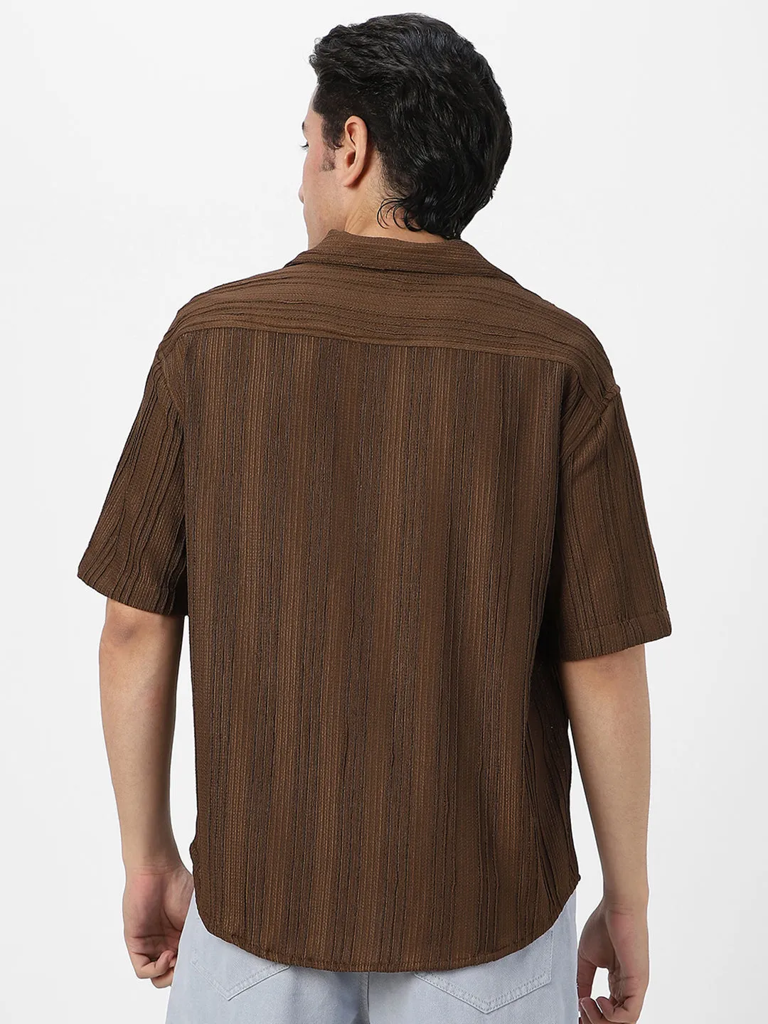 Men's Brown Cotton Half Sleeve Oversized Fit Textured Shirt with Cuban Collar