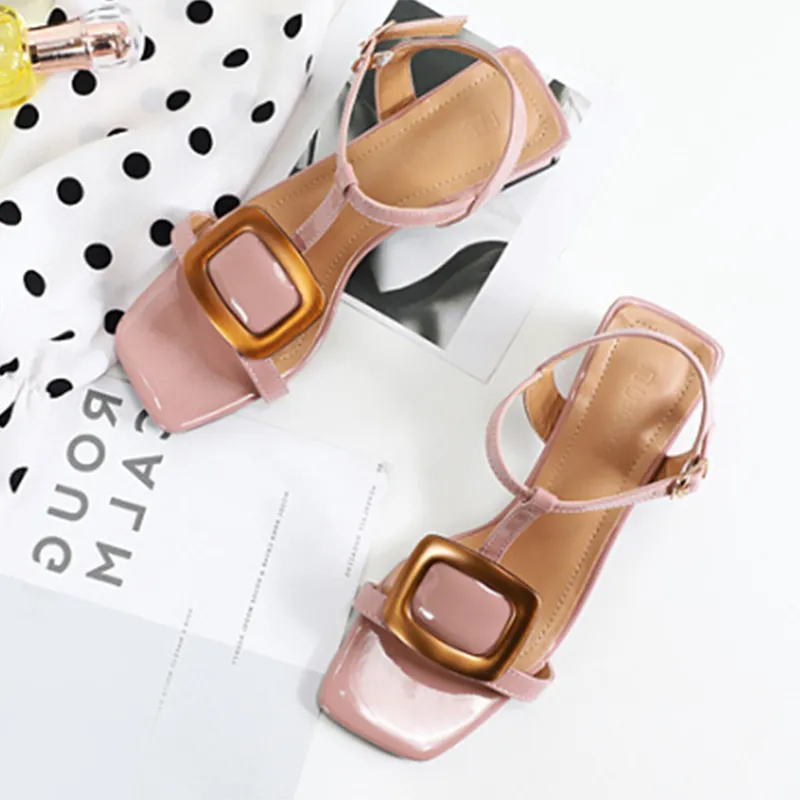 Metal Button Sweet Date Summer Chunky Heel Sandals