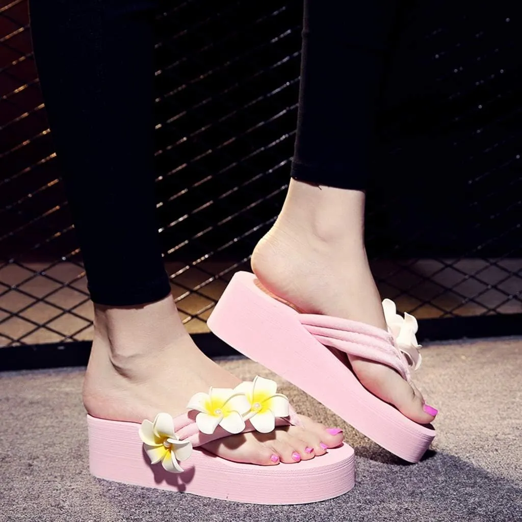 MIOKE Women's Boho Flowers Wedge Flipflops Sandals Summer Comfort Platform Anti-Slip Beach Thong Sandals