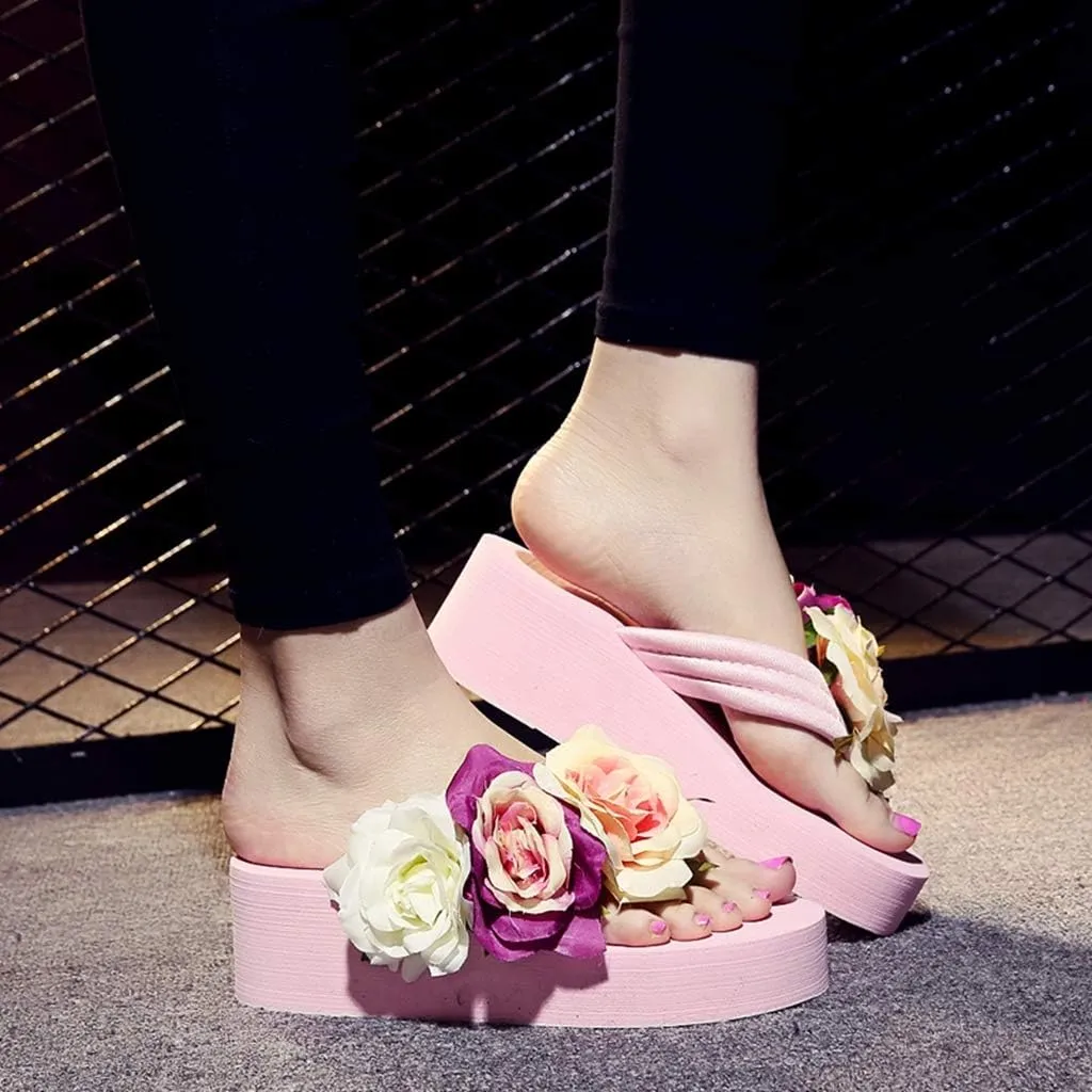 MIOKE Women's Boho Flowers Wedge Flipflops Trendy Summer Platform Anti-Slip High Heel Beach Thong Sandals