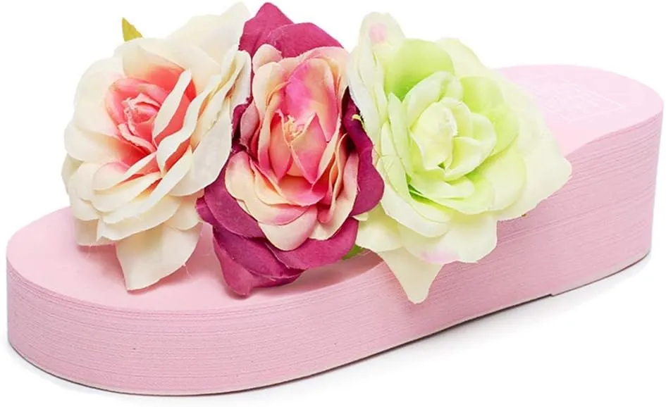 MIOKE Women's Boho Flowers Wedge Flipflops Trendy Summer Platform Anti-Slip High Heel Beach Thong Sandals