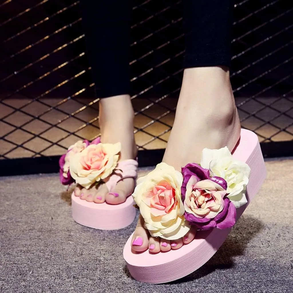 MIOKE Women's Boho Flowers Wedge Flipflops Trendy Summer Platform Anti-Slip High Heel Beach Thong Sandals
