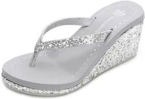 MIOKE Women's Wedge High Heel Flipflops Sandals Glitter Sequin Platform Comfy Nonslip Summer Thong Sandal