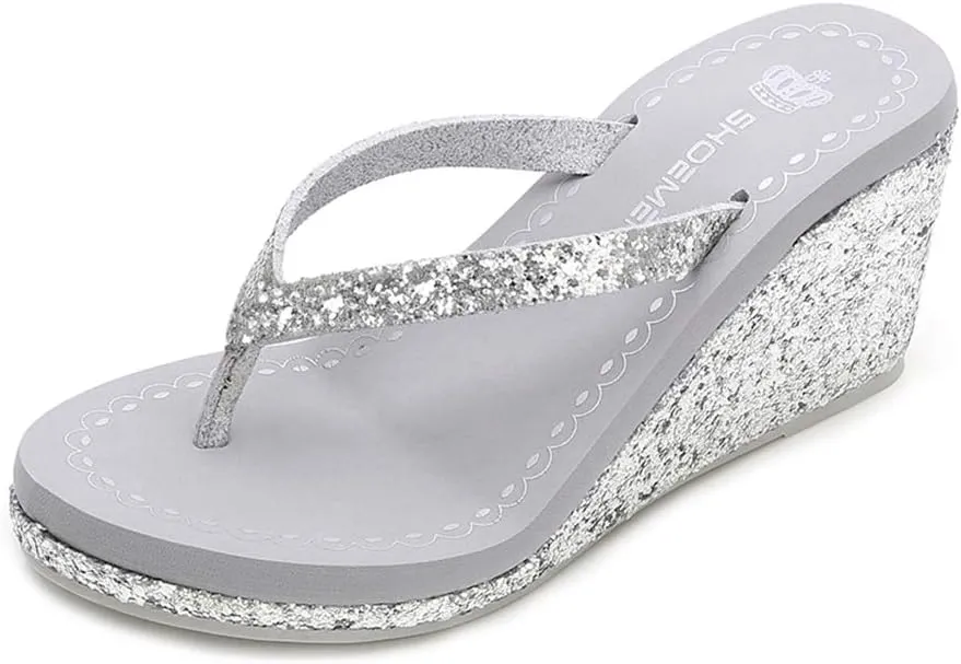 MIOKE Women's Wedge High Heel Flipflops Sandals Glitter Sequin Platform Comfy Nonslip Summer Thong Sandal