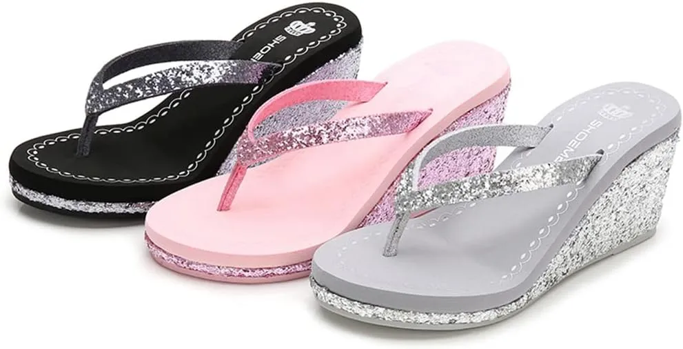 MIOKE Women's Wedge High Heel Flipflops Sandals Glitter Sequin Platform Comfy Nonslip Summer Thong Sandal
