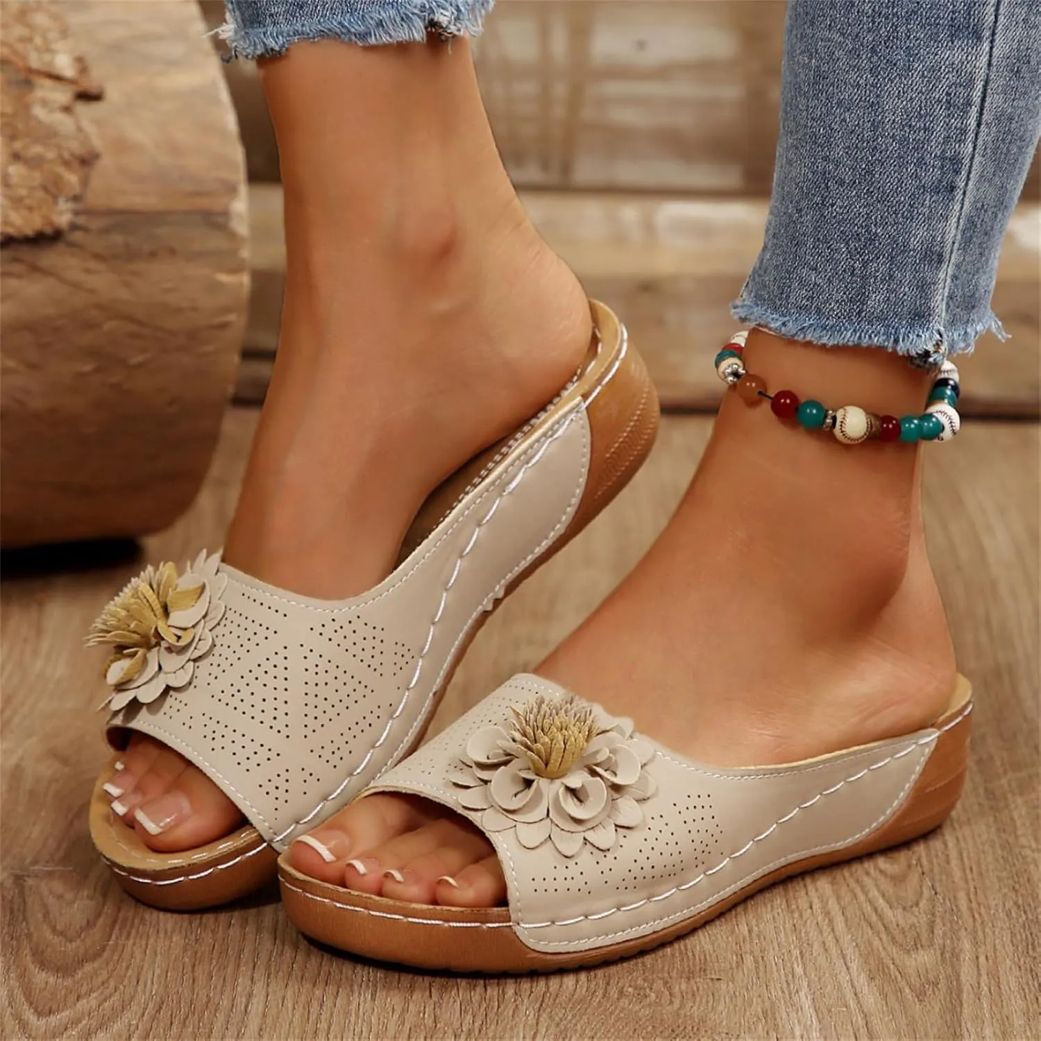 Mmoneyake Sandals for Women Wedge Shoes Comfortable Open Toe Dressy Platform Sandal Shoes Chic Flowers Orthopedic Sandals Dressy Summer Slides Casual Boho Slip On Beach Walking Sandal