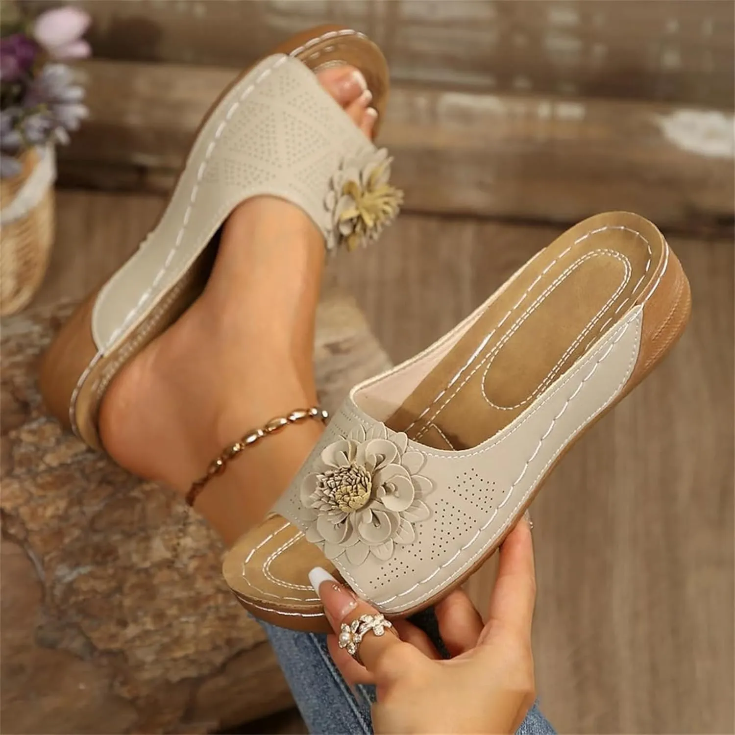 Mmoneyake Sandals for Women Wedge Shoes Comfortable Open Toe Dressy Platform Sandal Shoes Chic Flowers Orthopedic Sandals Dressy Summer Slides Casual Boho Slip On Beach Walking Sandal