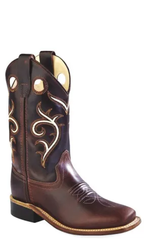 Old West Brown Youth Boys Carona Leather Broad Square Toe Cowboy Boots