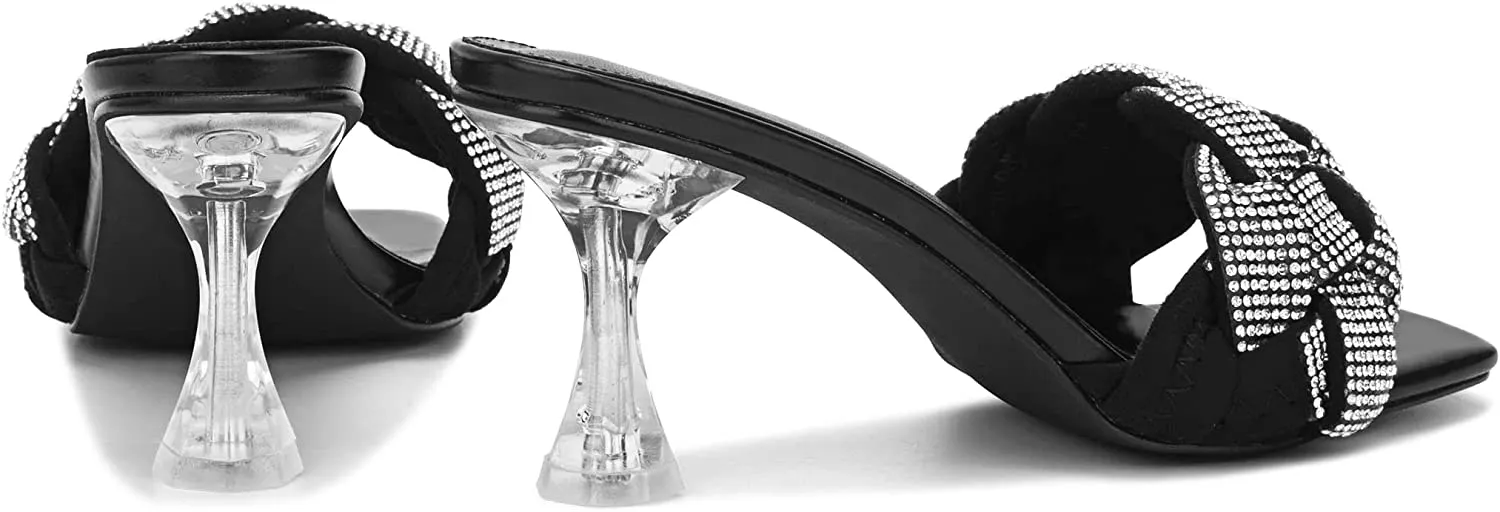 Rhinestone Braided Black Open Toe High Heel Slippers