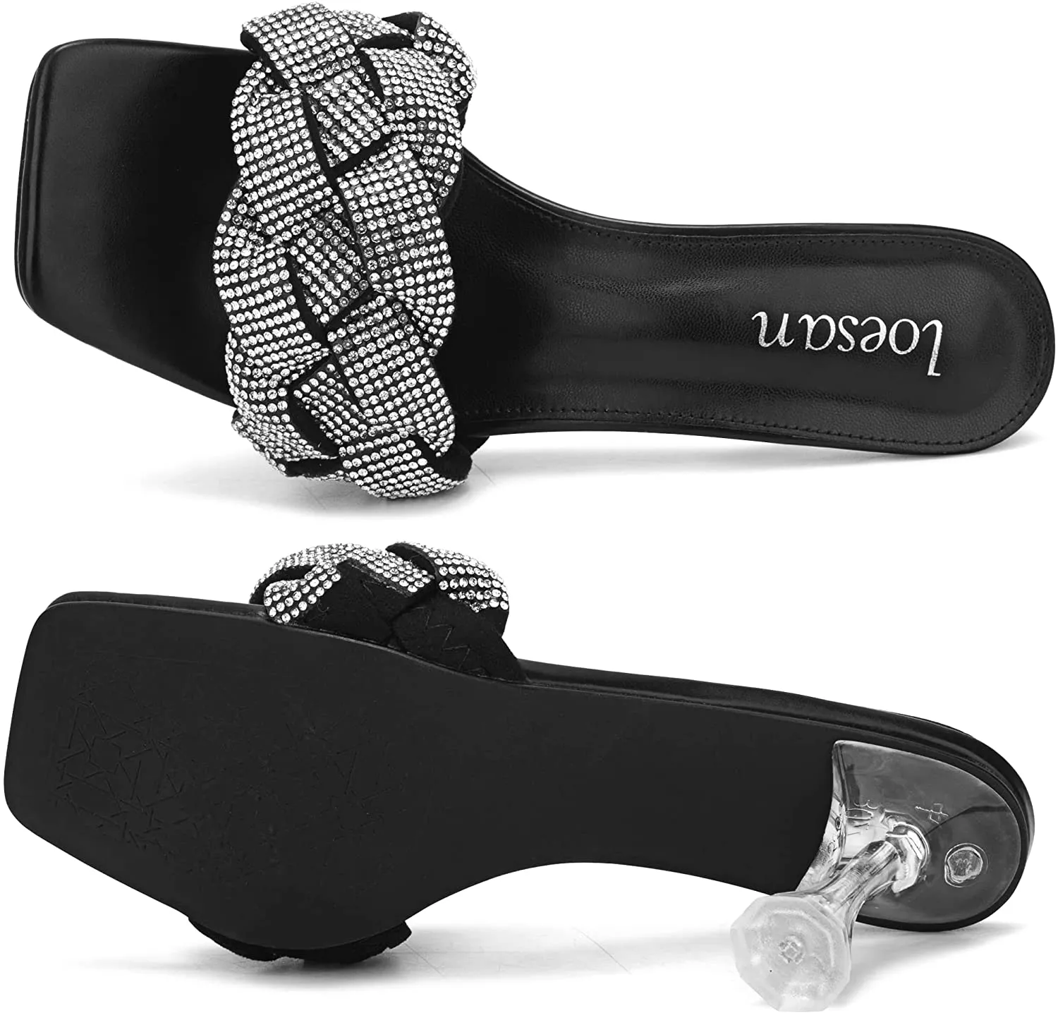 Rhinestone Braided Black Open Toe High Heel Slippers