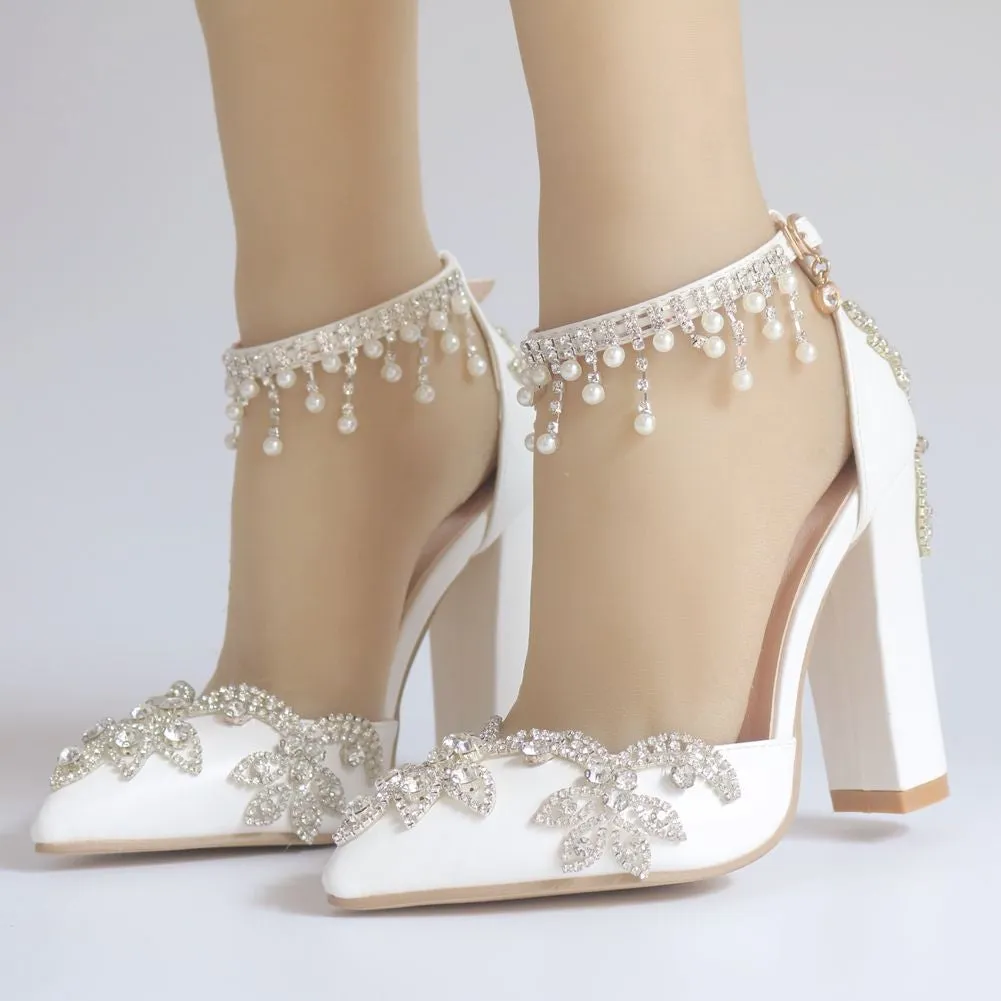 Rhinestone white beads ankle strap pointed toe wedding heels