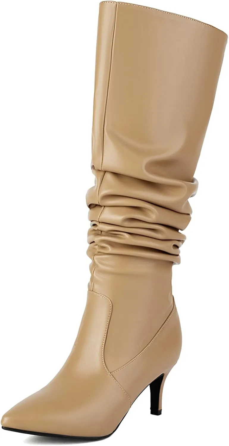 Roimaash Elegant Dressy Slouch Boots Kitten Heels Pull on Thigh High and Knee High Boots