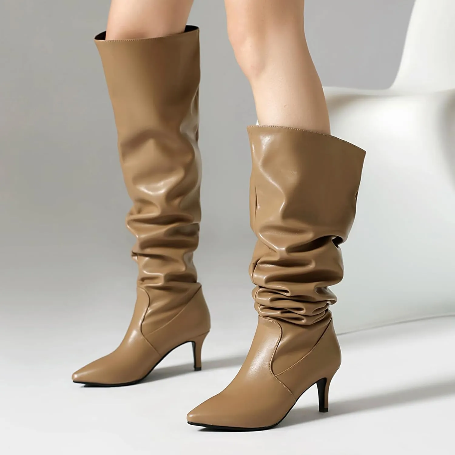 Roimaash Elegant Dressy Slouch Boots Kitten Heels Pull on Thigh High and Knee High Boots