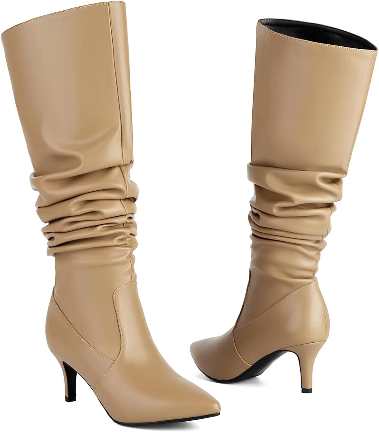 Roimaash Elegant Dressy Slouch Boots Kitten Heels Pull on Thigh High and Knee High Boots