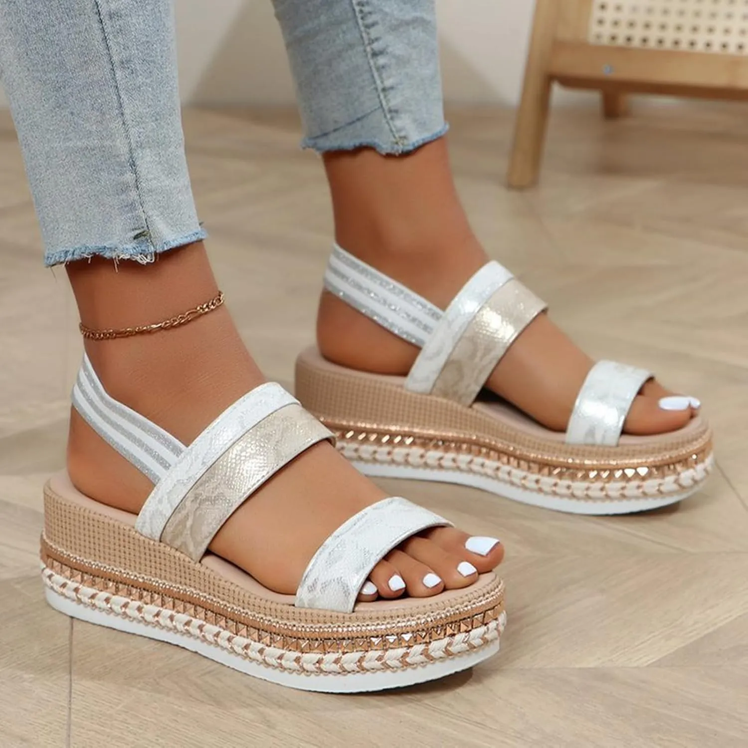 SACFOF Women's Platform Espadrilles Casual Ankle Strap Wedge Sandals Comfortable Dressy Open Toe Buckle Summer Shoes