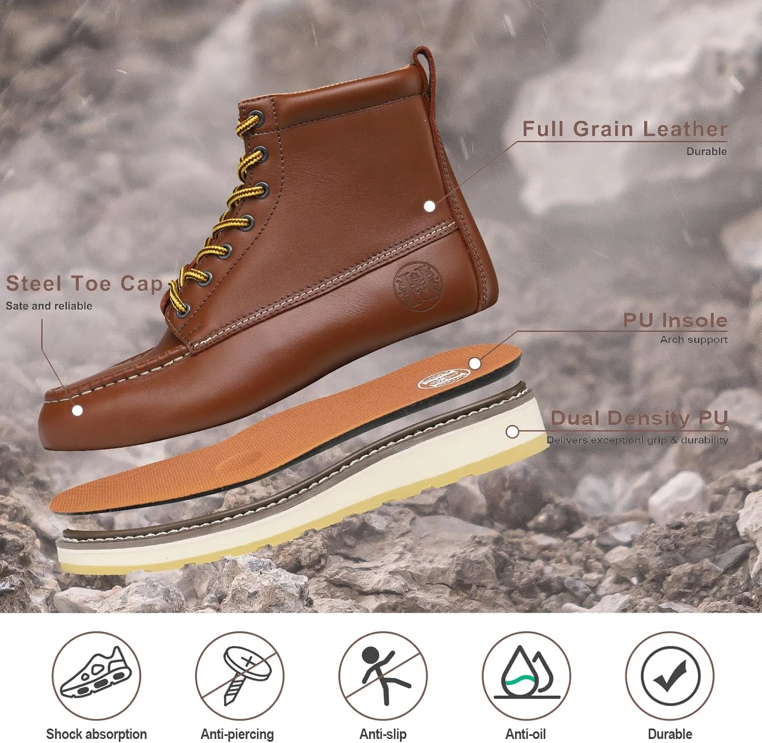 SureTrack Men's 6" Stylish Classic Steel Toe Leather Slip Resistant Durable Breathable Work Boots H84992