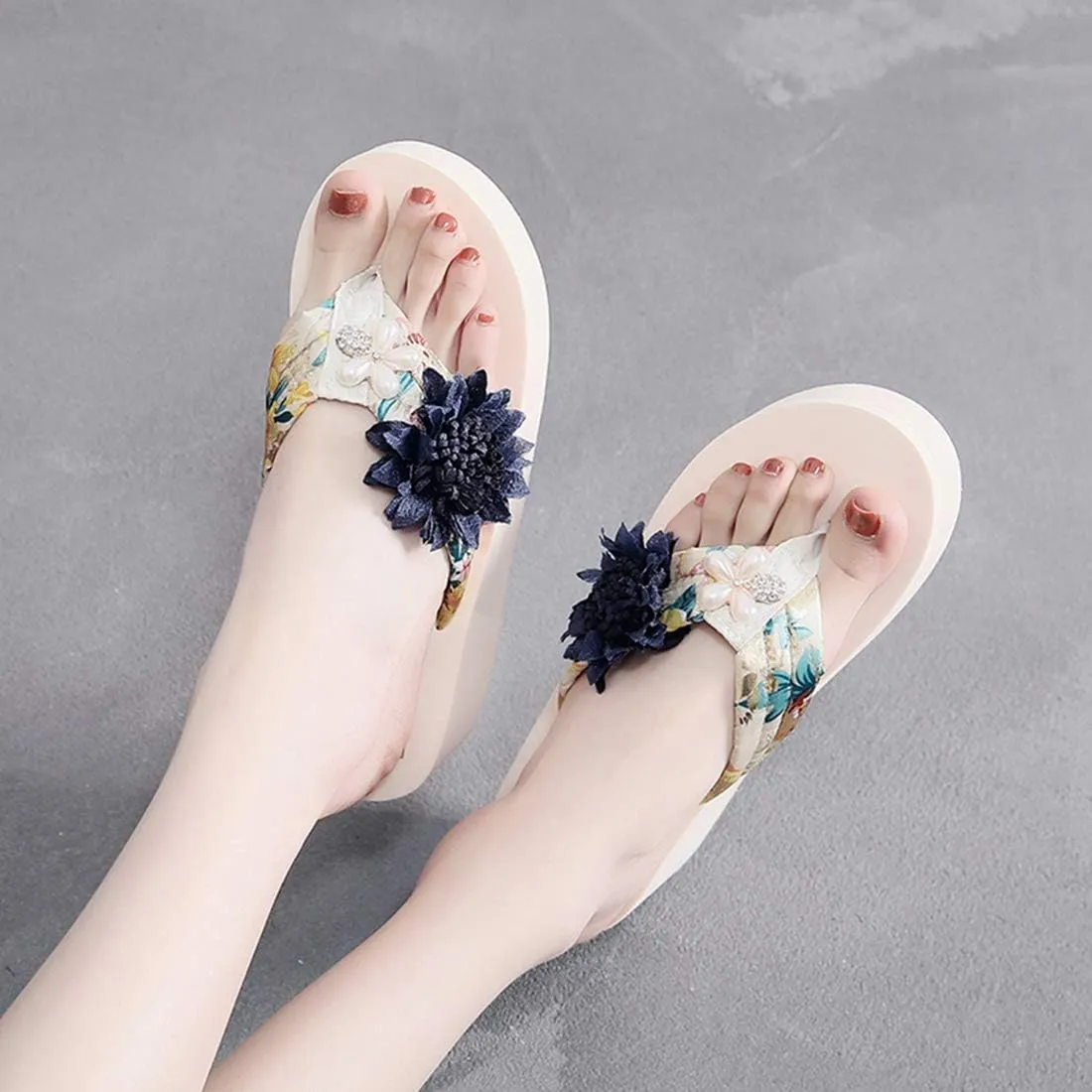 VOKLIN Women's Bohemian Flower Wedge Flipflop Sandals Summer Platform Nonslip High Heel Beach Thong Sandal