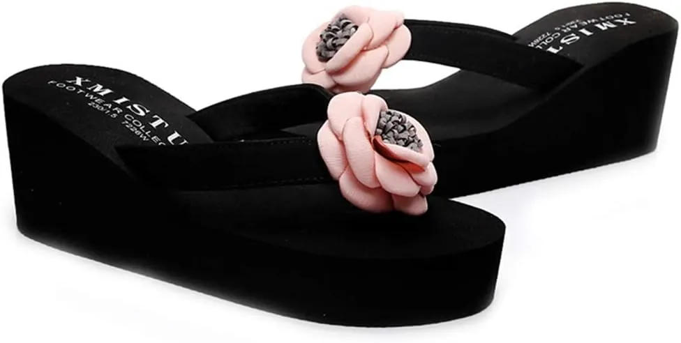 VOKLIN Women's Bohemian Flowers Wedge High Heel Flipflop Sandals Summer Platform Nonslip Beach Thong Sandal