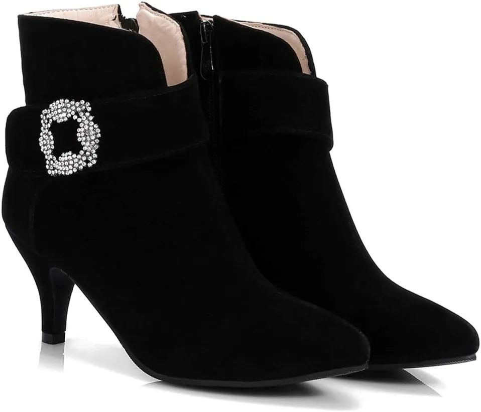VOKLIN Women's Pointed Toe Dressy Ankle Booties Fashion Rhinestone Comfort Kitten Heels Elegant Short Boots