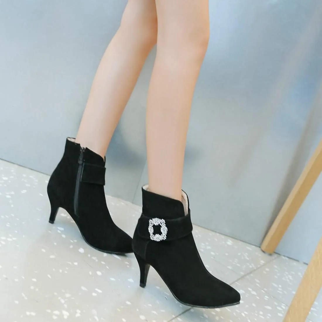 VOKLIN Women's Pointed Toe Dressy Ankle Booties Fashion Rhinestone Comfort Kitten Heels Elegant Short Boots