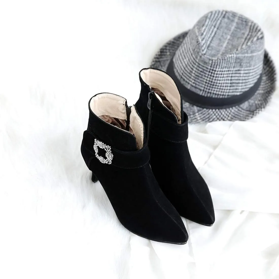 VOKLIN Women's Pointed Toe Dressy Ankle Booties Fashion Rhinestone Comfort Kitten Heels Elegant Short Boots