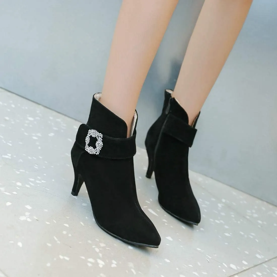 VOKLIN Women's Pointed Toe Dressy Ankle Booties Fashion Rhinestone Comfort Kitten Heels Elegant Short Boots