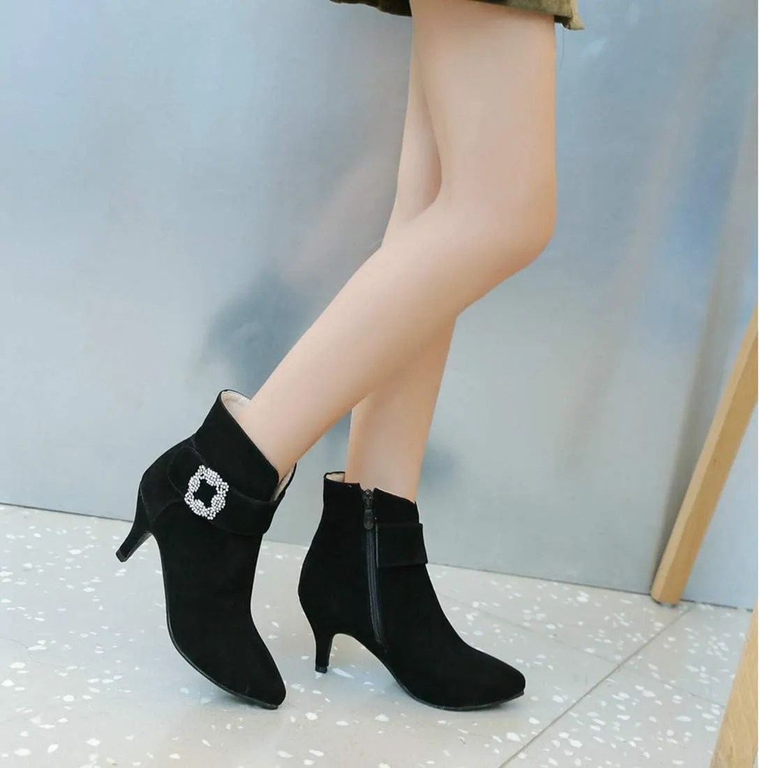 VOKLIN Women's Pointed Toe Dressy Ankle Booties Fashion Rhinestone Comfort Kitten Heels Elegant Short Boots
