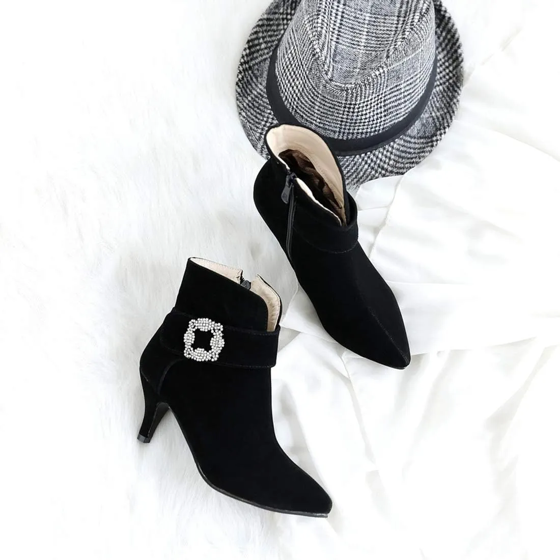 VOKLIN Women's Pointed Toe Dressy Ankle Booties Fashion Rhinestone Comfort Kitten Heels Elegant Short Boots