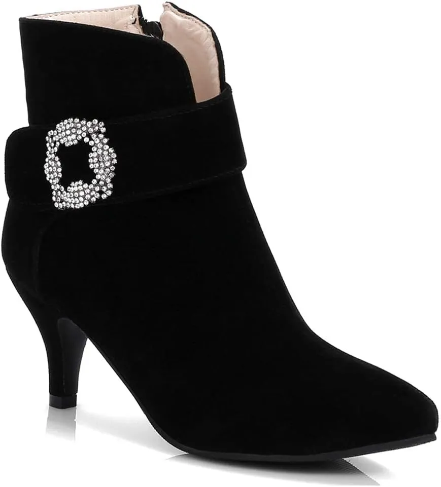 VOKLIN Women's Pointed Toe Dressy Ankle Booties Fashion Rhinestone Comfort Kitten Heels Elegant Short Boots