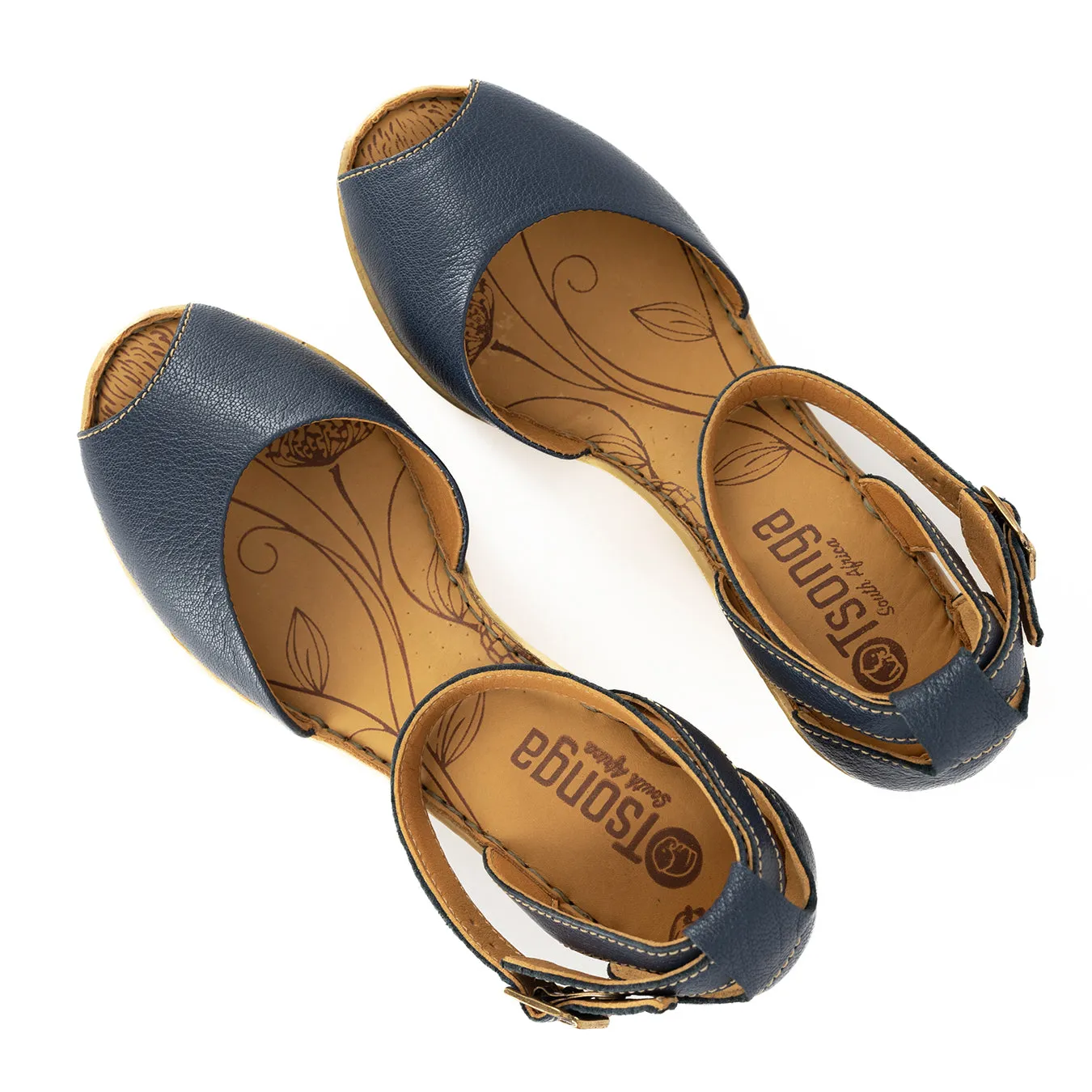 Wanyaza : Ladies Leather High-Heel Wedge Sandal in Denim Cayak