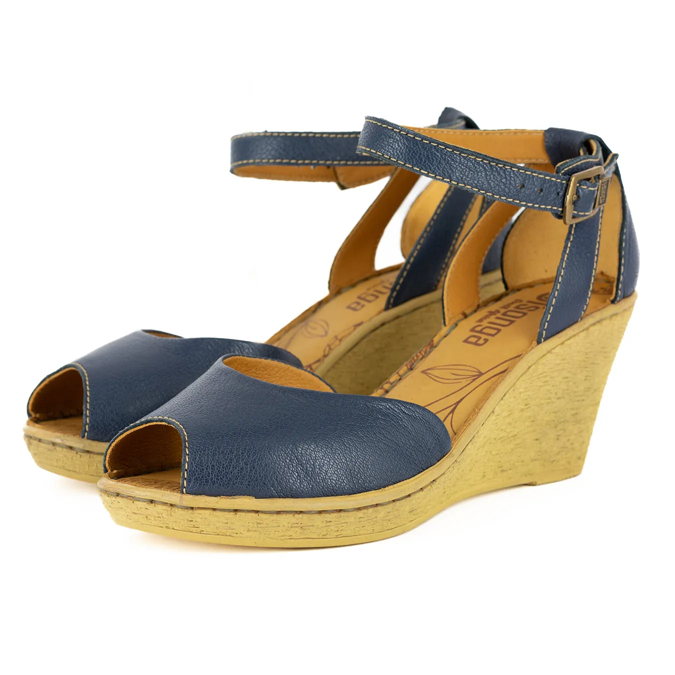 Wanyaza : Ladies Leather High-Heel Wedge Sandal in Denim Cayak